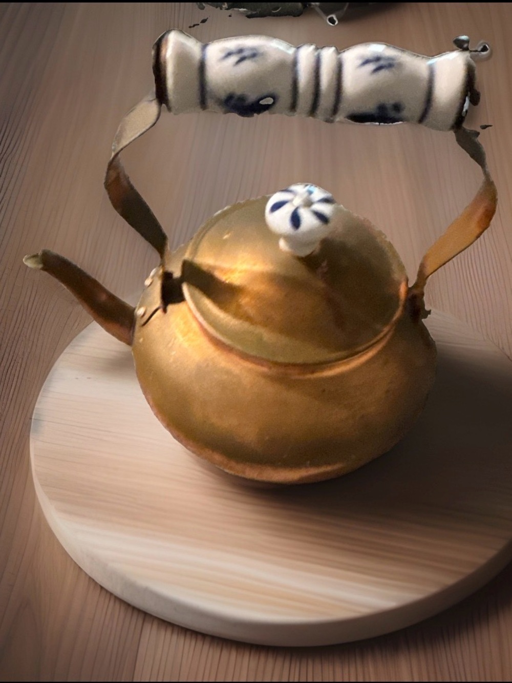 Vintage Copper Plated Teapot with Porcelain Handle